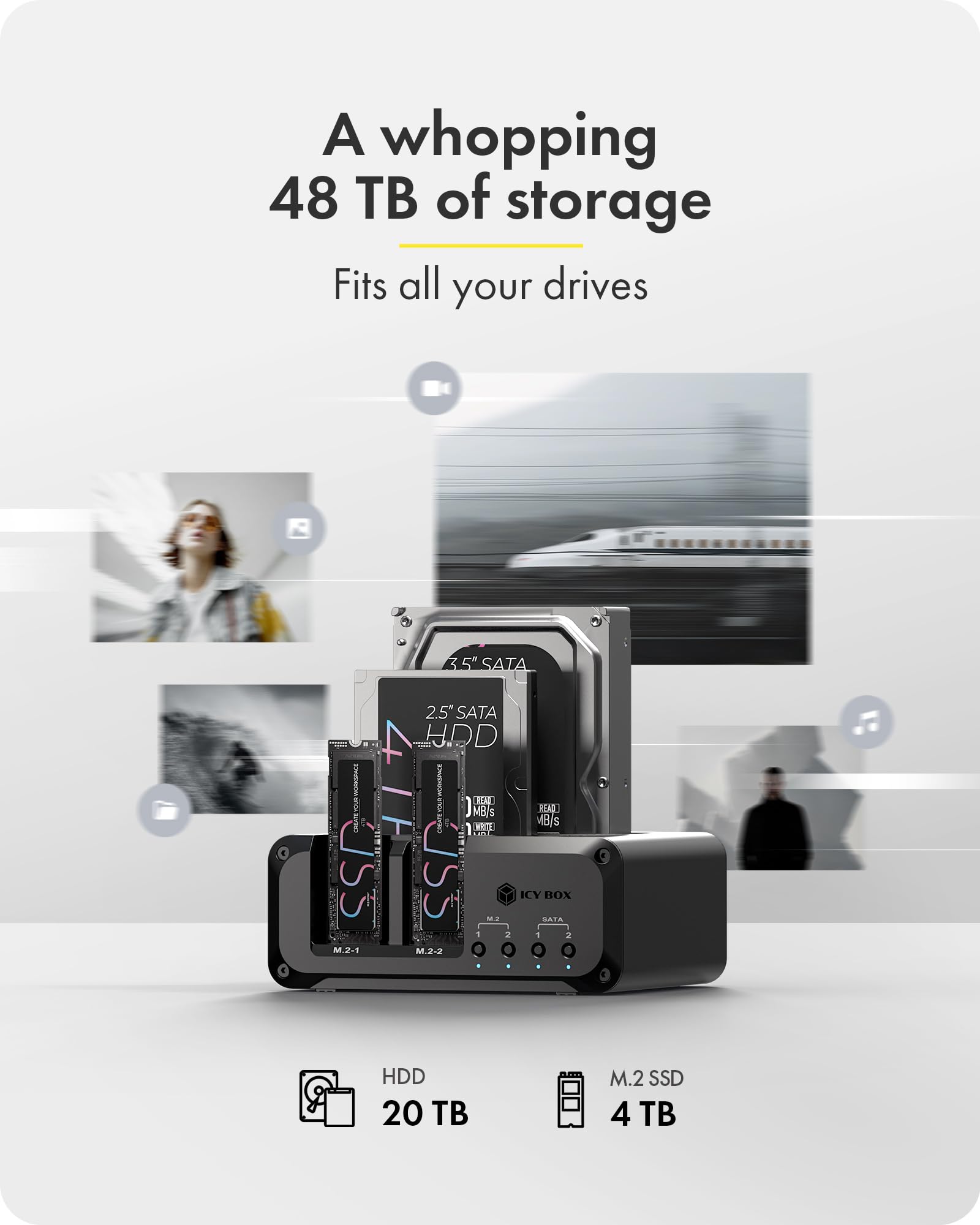 Docking station per dischi rigidi NVMe M.2 e SATA SSD/HDD a 4 alloggiamenti, lettore ICY BOX USB-C 10Gbps NVMe, SATA a M.2 NVMe, docking station per disco rigido 2.5/3.5 fino a 48 TB, interruttori di