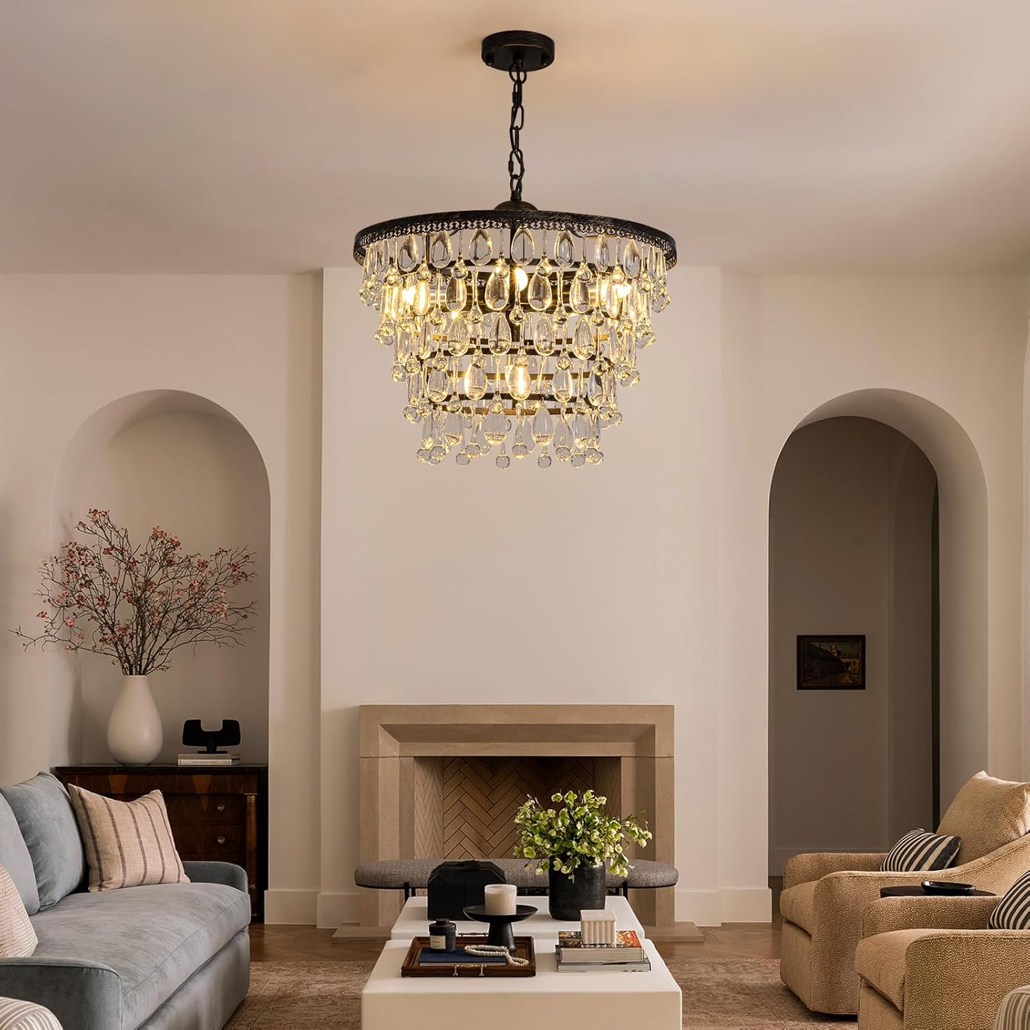 7PM Vintage Crystal Chandelier for Dining Room,20-inch Antique Crystal Ceiling Light Fixture, 5-Tier Bronze Chandelier for Living Room, Kitchen Island,Bedroom, Entryway