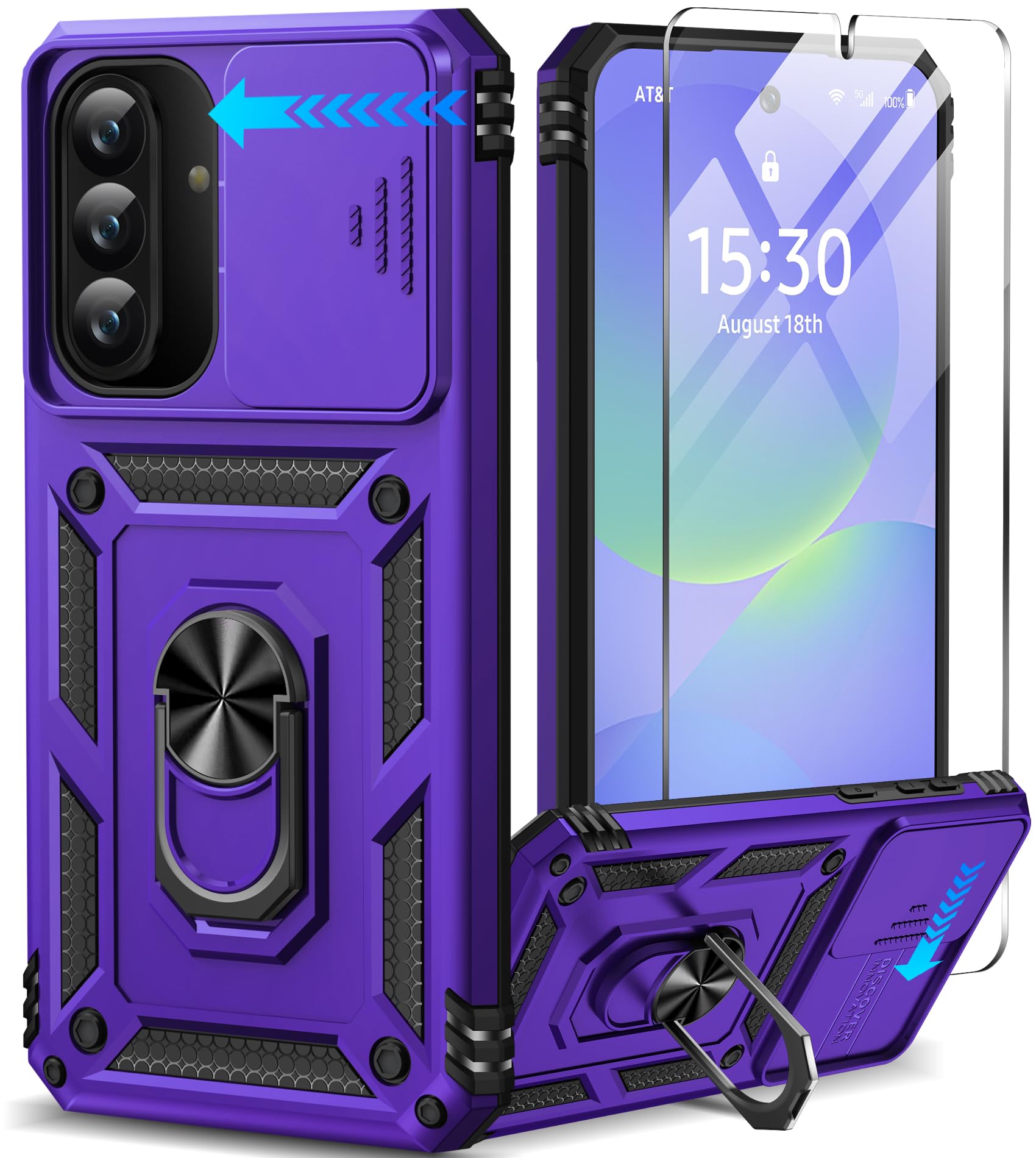 Taisairu for Samsung Galaxy A36 Case with Screen Protector & Slide Camera Lens Cover, Built-in 360°Rotate Ring Stand Shockproof Protective Case for