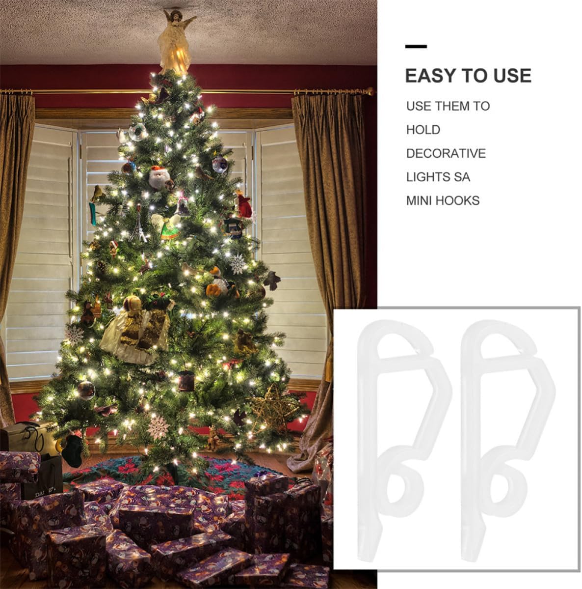 50pcs S-Type Plastic Hooks for Christmas Tree Lights, White Lightweight Pp Material Small Hooks for Decorative and Rope Lights, Convenient Installation Precise Positioning