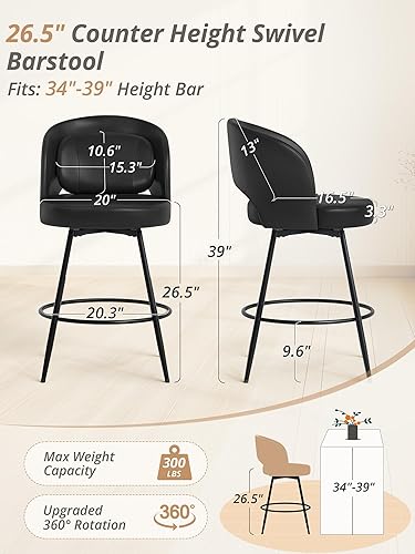 Miniatura 2 de LUE BONA Juego de 3 taburetes de bar giratorios de 26 pulgadas de alto, taburetes de bar con respaldo, almohada lumbar y marcos de metal negro,