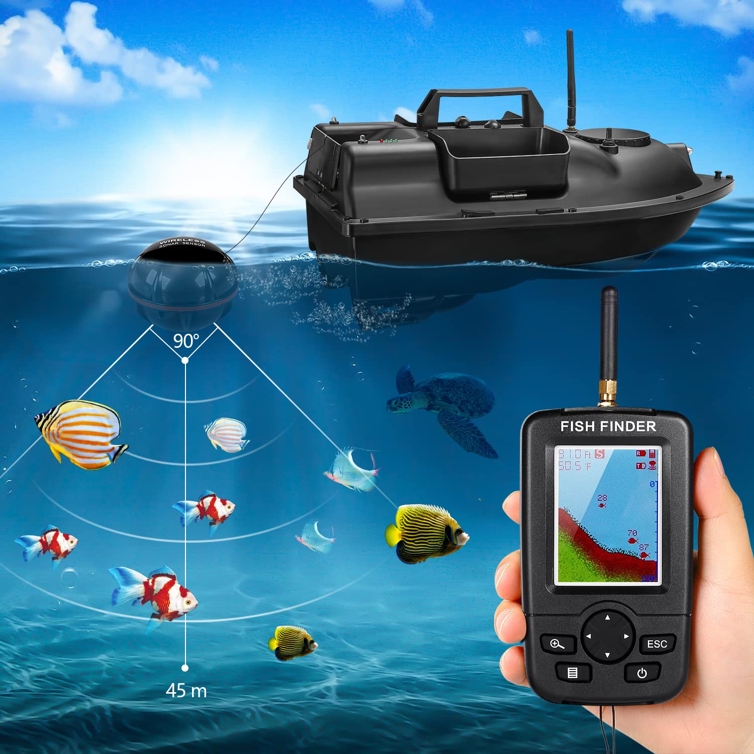 GPS Bateau Amorceur,télécommandé Bateau d'appât,3 trémies Bateau d'appât de pêche,Pêche à la Carpe,Sondeurs LCD avec capteur Sonar,Piles de Rechange,Sac à Main (Bateau Noir avec sondeur)