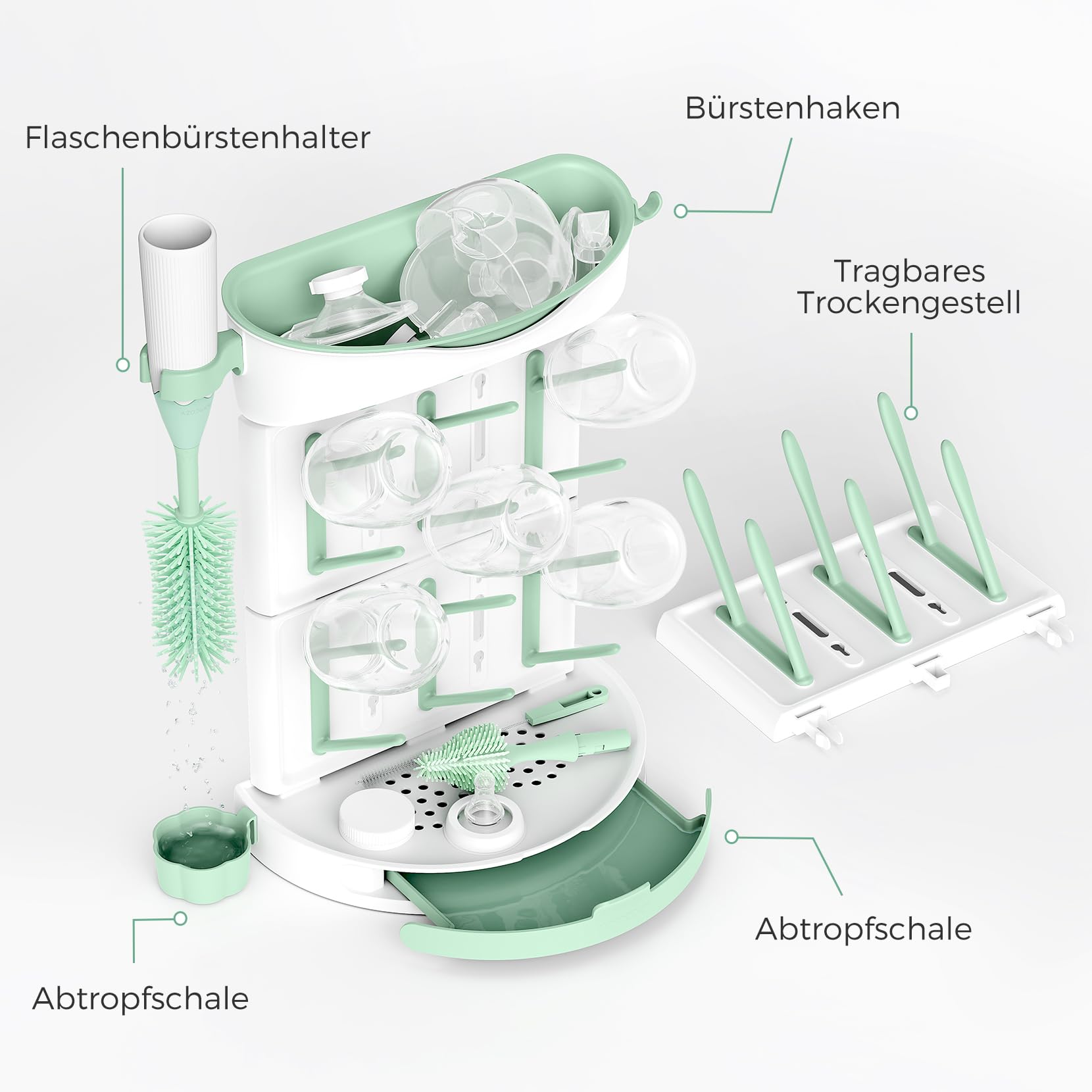 Momcozy Premium Babyflaschen Trockenständer – Vertikaler Flaschenhalter für 18 Flaschen & Stillzubehör | Mit Reise-Set & Bürstenhalter (37x17x54 cm)