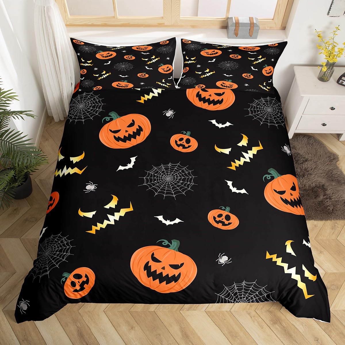 Homemissing Boys Multicolored 13212 Halloween Duvet Cover Set Pumpkin Lantern Bedding Set For Kids Girls Scary Halloween Comforter Cover Set Microfiber Bat Spider Web Bedspread Cover Bedroom Bedclothes Double