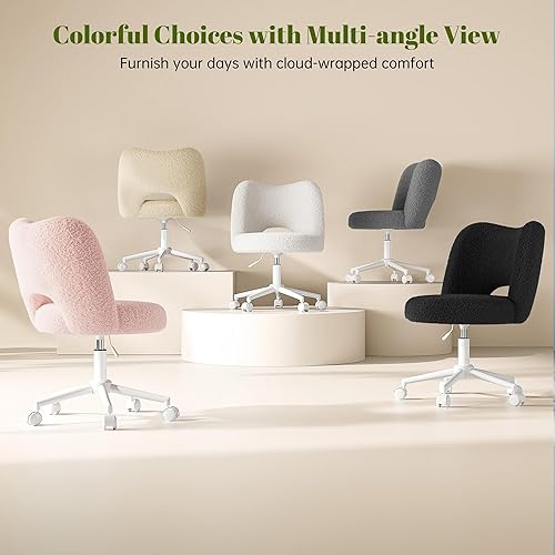 Miniatura 9 de Silla de Tocador con Ruedas Sin Brazos, Silla de Tocador Blanca con Respaldo, Silla de Escritorio Ultra-Suave de Felpa Linda, Silla de Oficina