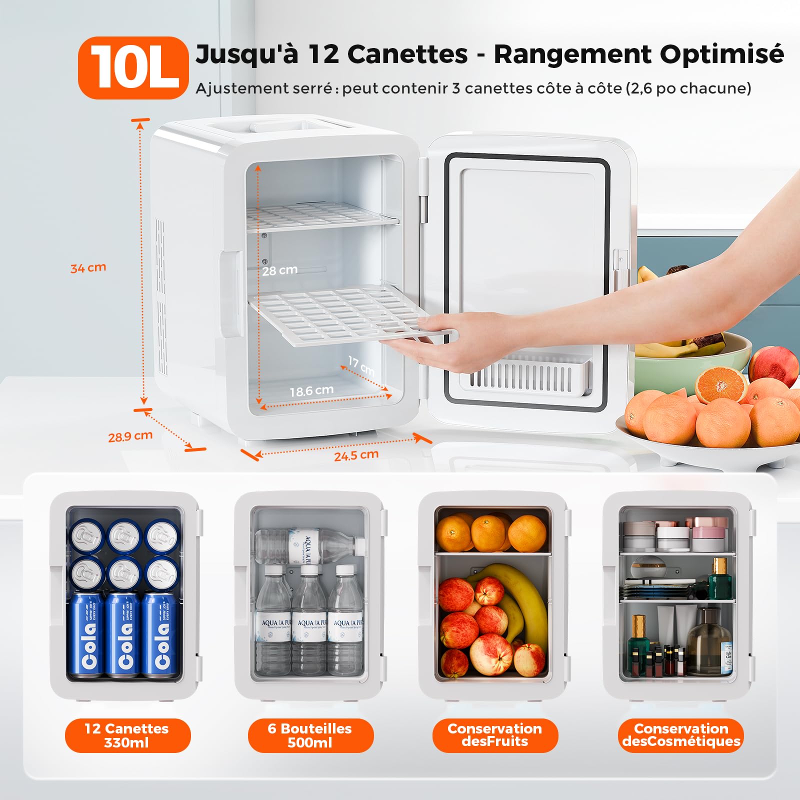 YASHE Mini Frigo de Chambre, Mini Frigo 10 Litres/ 12 Canettes, Fonction Chaud et Froid, Frigo Mini 220V CA/12V CC, Silencieux, pour Boissons, Cosmetique, Bureau, Dortoir, Voiture, Blanc