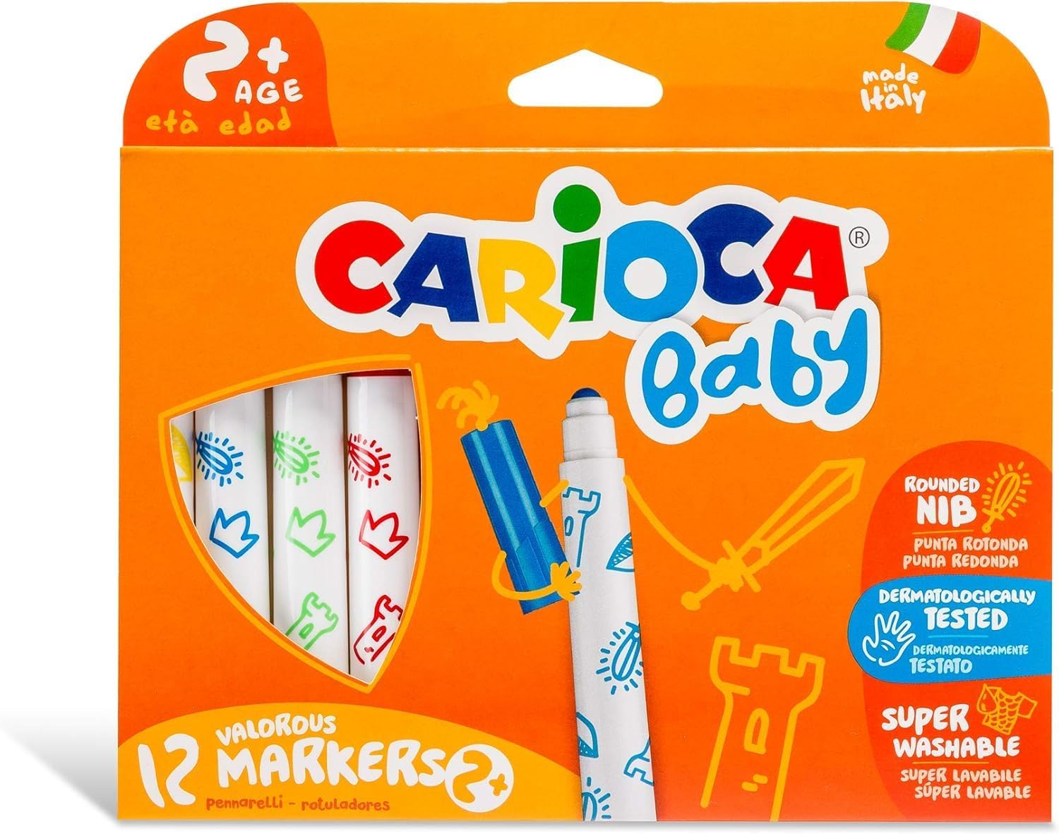 CARIOCA Valorous Markers, Super Washable Markers for Kids Ages 2+, 12 Vibrant Colors in Box, Rounded Tip Baby Marker Pens, Safe and Non-Toxic, Ventilated Cap, Gluten-Free, Dermatologically Tested