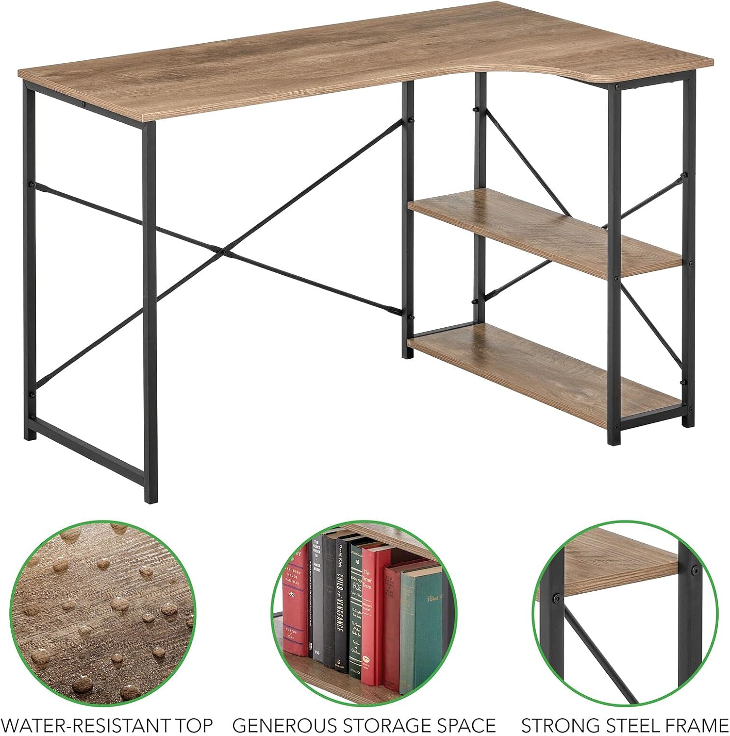 Close-up of water-resistant desk surface, storage shelves, and steel frame