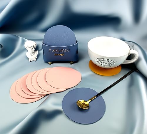 Miniatura 10 de KOSHA Juego de 8 posavasos de cuero para bebidas, juego de 8 tapetes de cuero con soporte hecho a mano para escritorio de mesa, decoración del