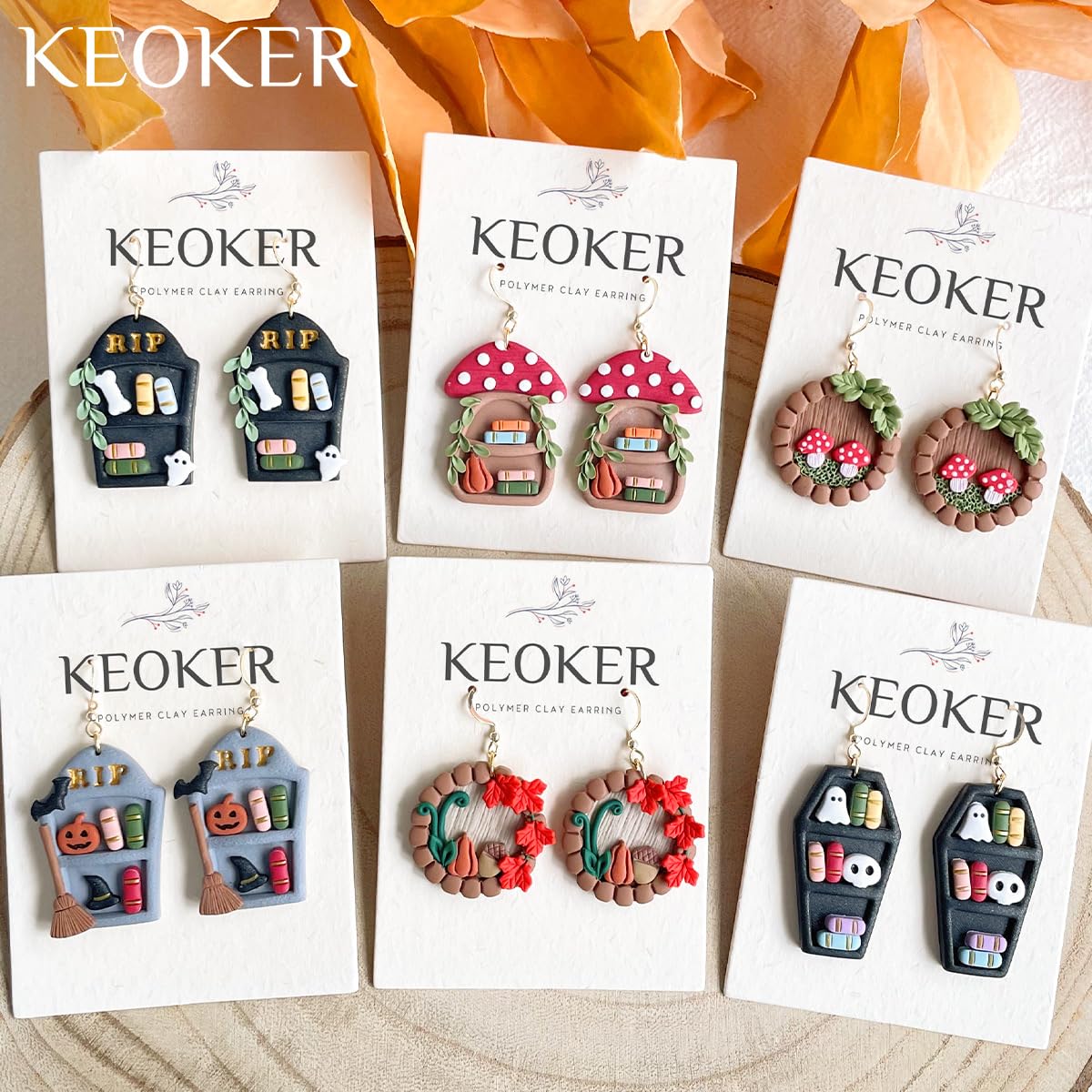 KEOKER Fall and Halloween Polymer Clay Cutters - 11 Shapes for Jewelry and Earrings, Mini Bookshelf Cutter
