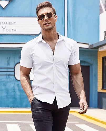 Miniatura 3 de COOFANDY - Camisas de vestir para hombre de corte muscle fit, sin arrugas, manga corta, de estilo casual, con botones