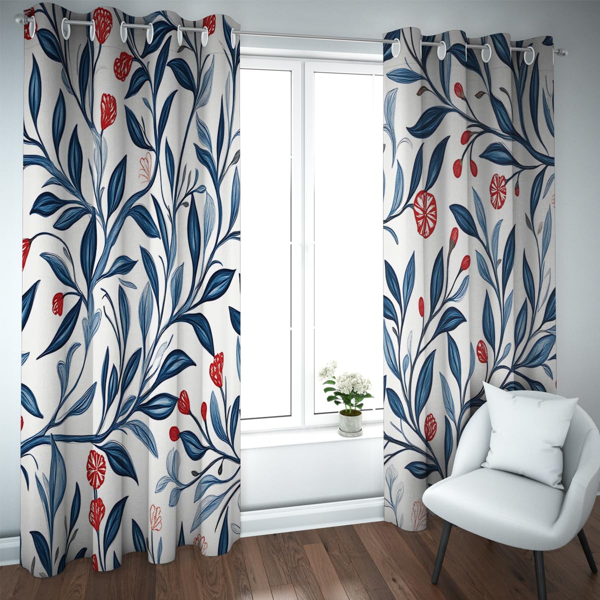 Rideaux occultants à œillets faciles à accrocher avec imprimé feuilles bleu et baies rouges