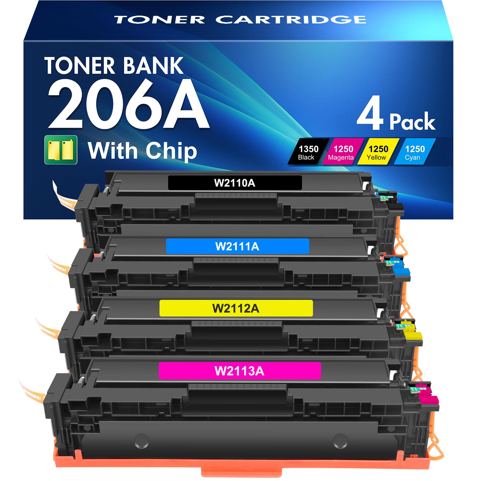 206A Toner Cartridges 4 Pack M283fdw M283cdw Set Compatible Replacement for HP 206A 206X Color Laserjet Pro MFP M283cdw M255dw M283 M255 Printer High Yield Ink (with Chip) (Black Cyan Yellow Magenta)