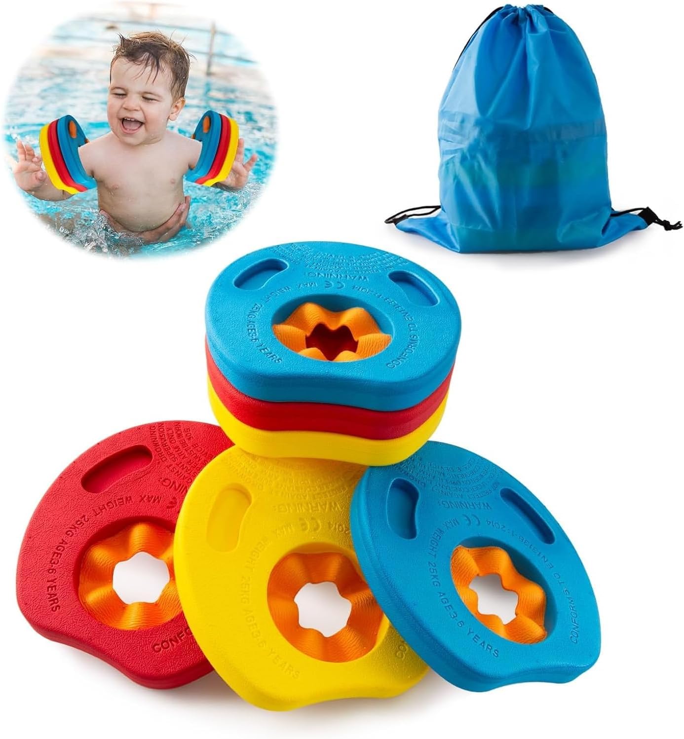 Swimming Discs Children's 6 Pieces Swimming Float Discs with Storage Bag Arm Swimming Plate EVA Round Dolphin Swimming Discs Suitable for Boys Girls Aged 3-6 Years Swimming Learning