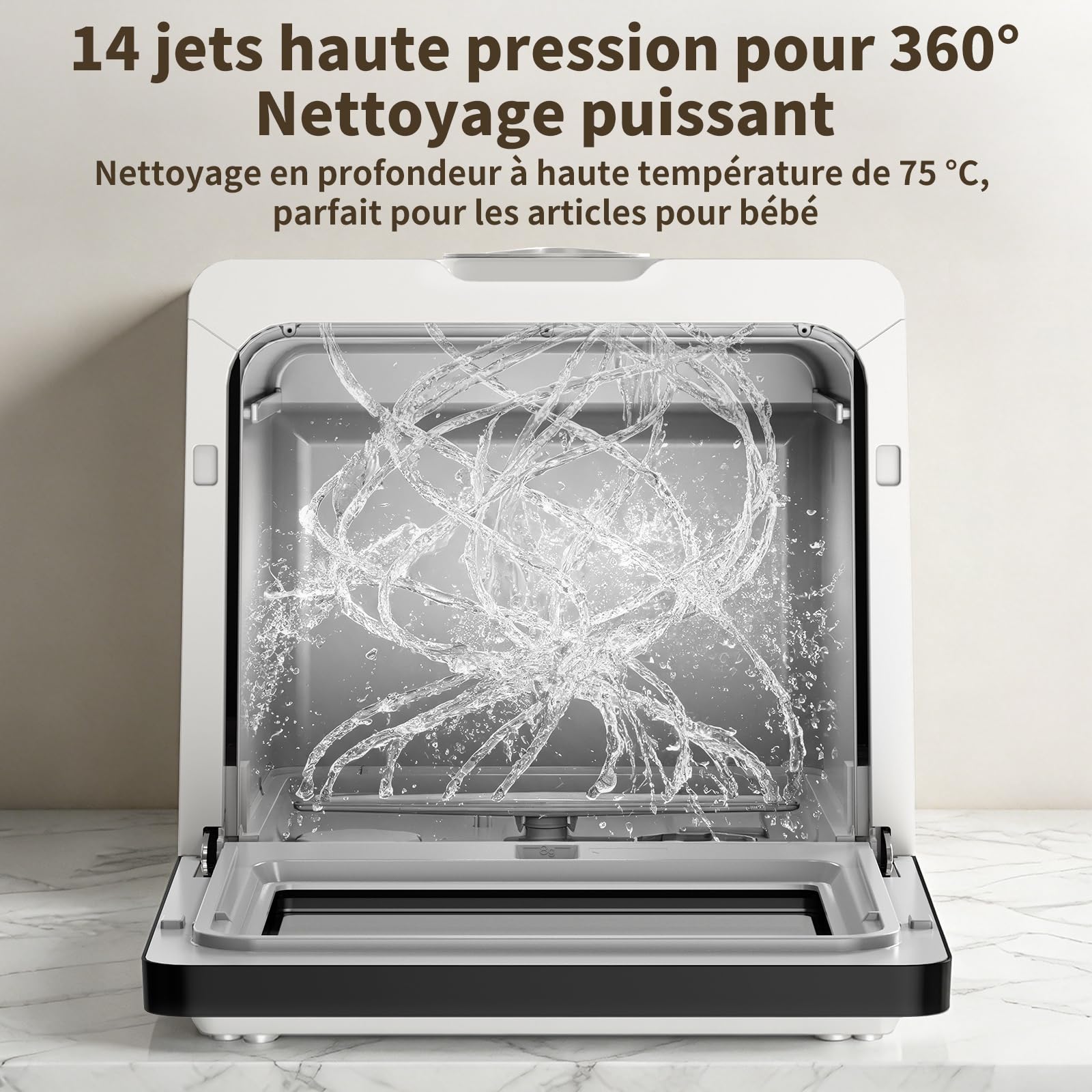 Mini lave-vaisselle de table 950 W, 3 couverts, 5L réservoir amovible, 7 programmes, 72 °C, écran LED tactile