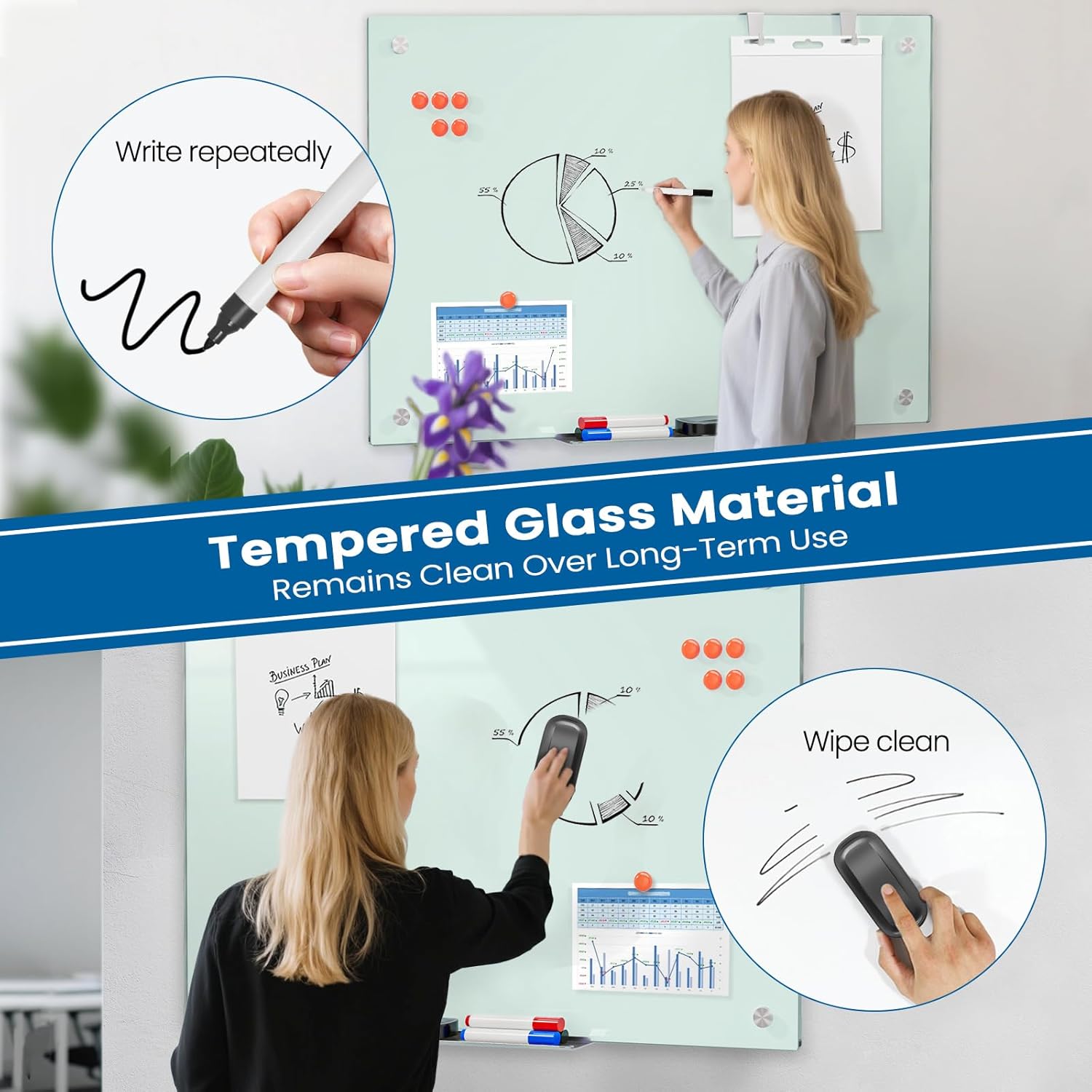 Large 0.3mm Reinforced Metal Backing Glass White Board for Wall, 36" x 24" Big Magnetic Tempered Glass Dry Erase Board with Frameless Design, 3' x 2' Glass Whiteboard for Home, Office, School
