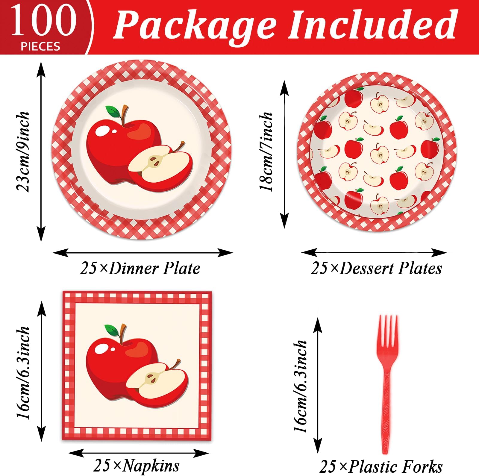 Qyeahkj 100 Pcs Apple Party Supplies Back to School Plates and Napkins Fruit Themed Decorations Apple Birthday Tableware Set Disposable Dinnerware Decor Serves 25 Guests