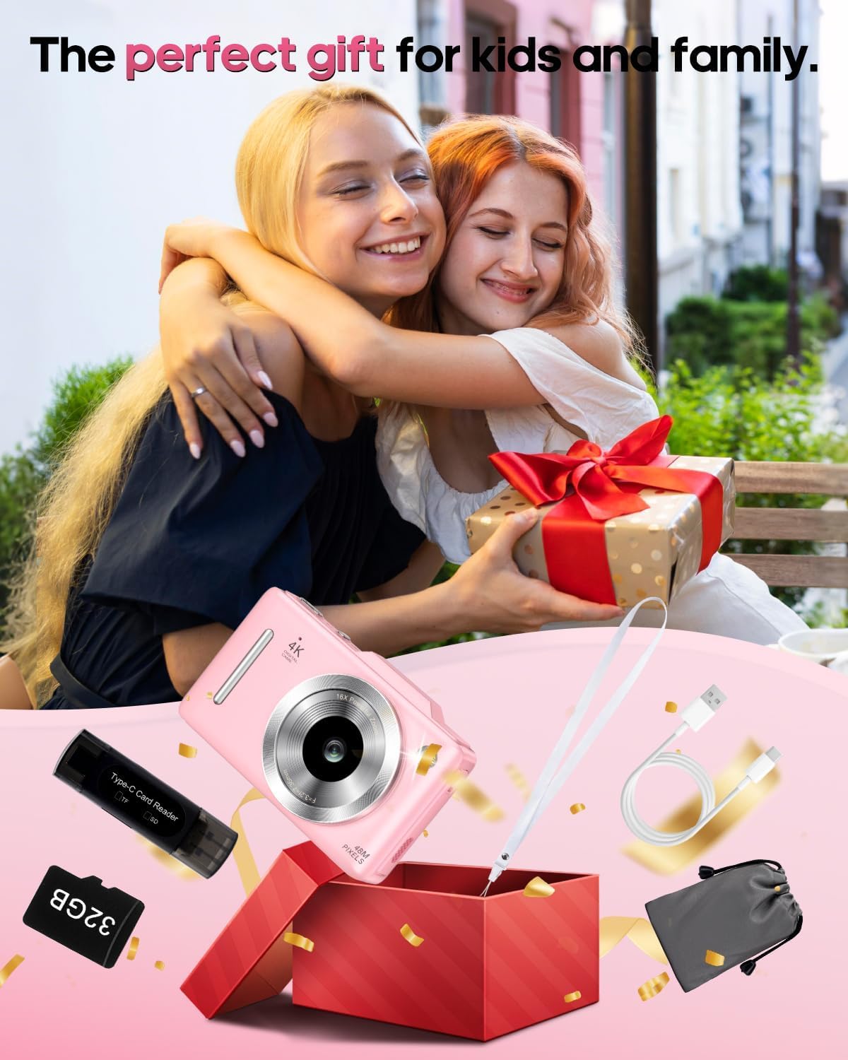 Cámara digital 4K para niños, cámara de vlogging de enfoque automático de 48 MP con tarjeta de 32 GB, zoom de 16X, antivibración, cámara compacta de apuntar y disparar para adolescentes principiantes