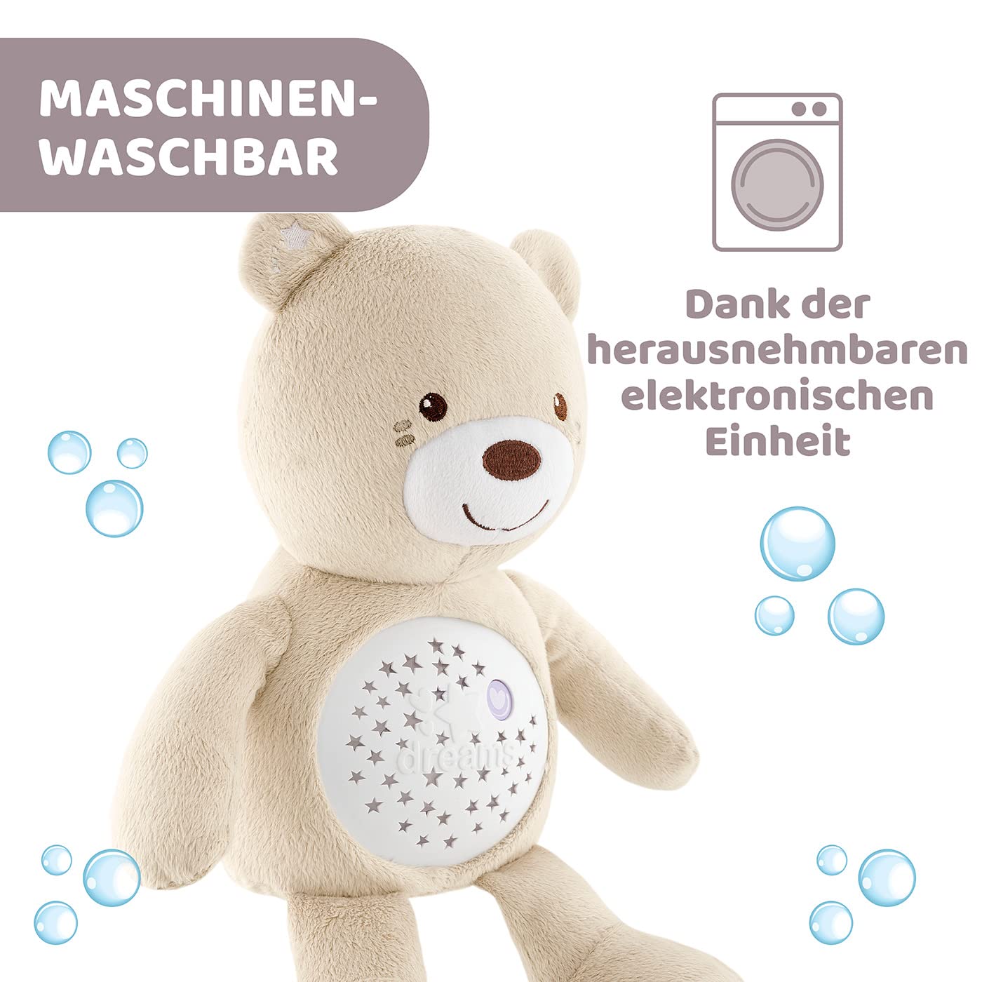 Chicco First Dreams Baby Bär Plüsch-Teddybär, weicher Projektor mit Nachtlicht, Lichteffekten und entspannenden Melodien, Beige - Kinderspielzeug 0+ Monate