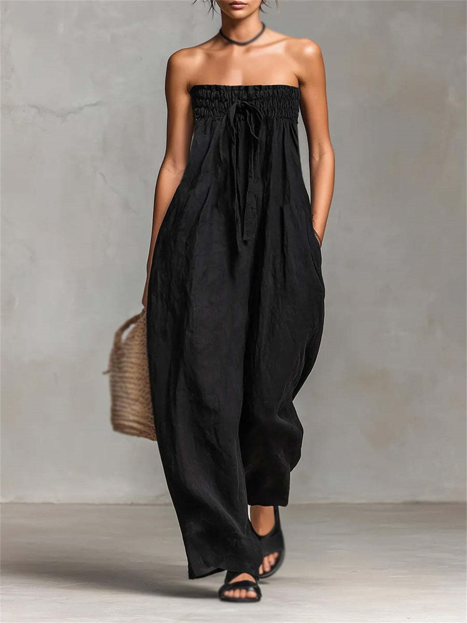 Damen-Jumpsuits ohne Träger, sommerliche, lässige Jumpsuits mit gerafftem Bandeau-Top, weitem Bein und Taschen