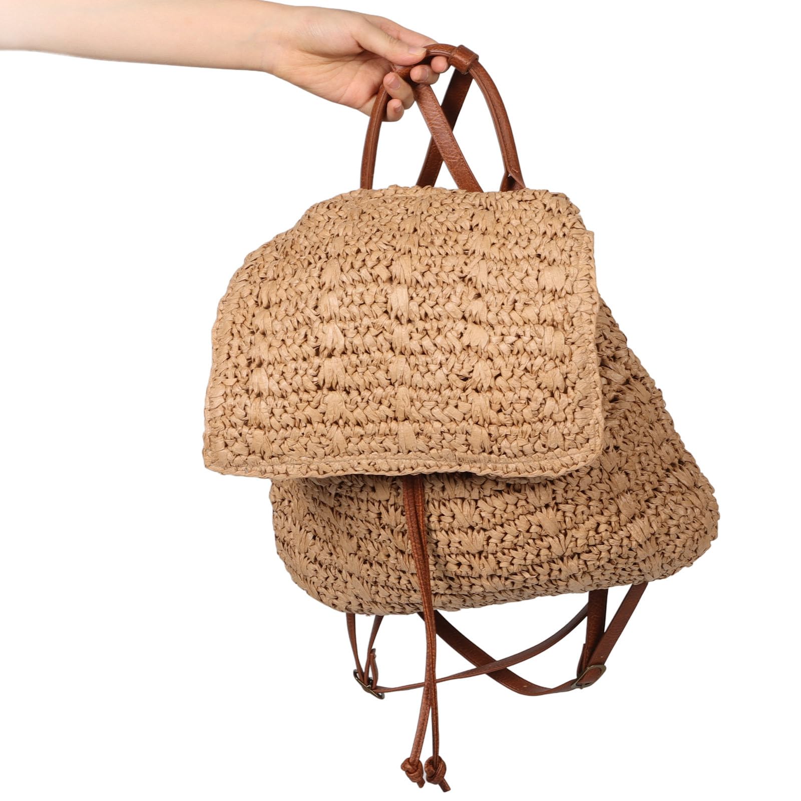 PLAFOPE Mochila Boho para Mujer de Paja Tejida con Gran Capacidad y Cierre de Cordón, Bolso de Playa Elegante para Salidas Casuales en Verano