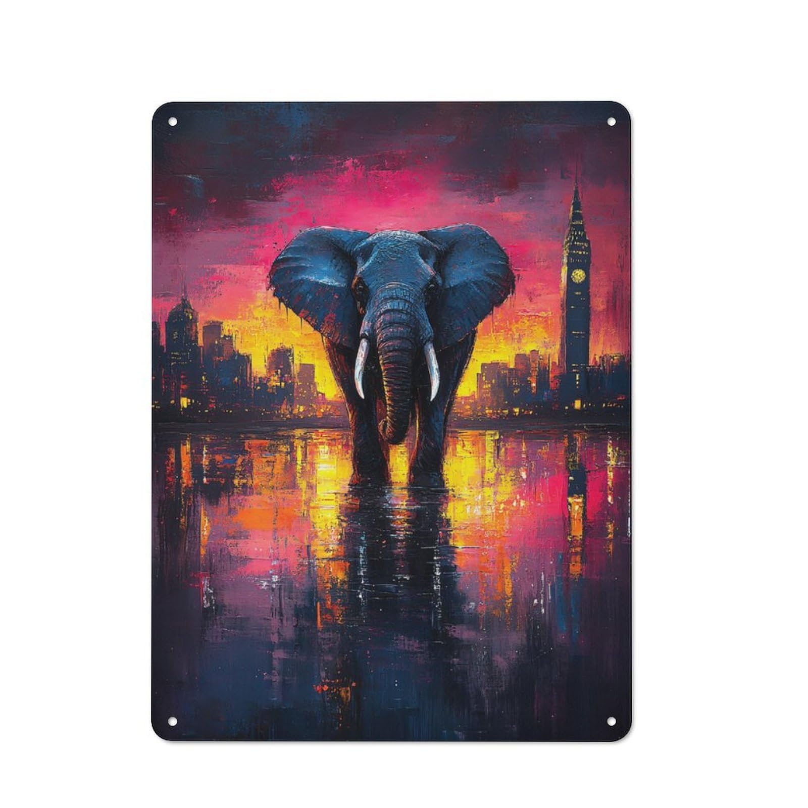 Elephant in A Cityscape Rustic Tin Sign 40x30cm for Garage Or Workshop, with Clear Rustic Wall Decor Character