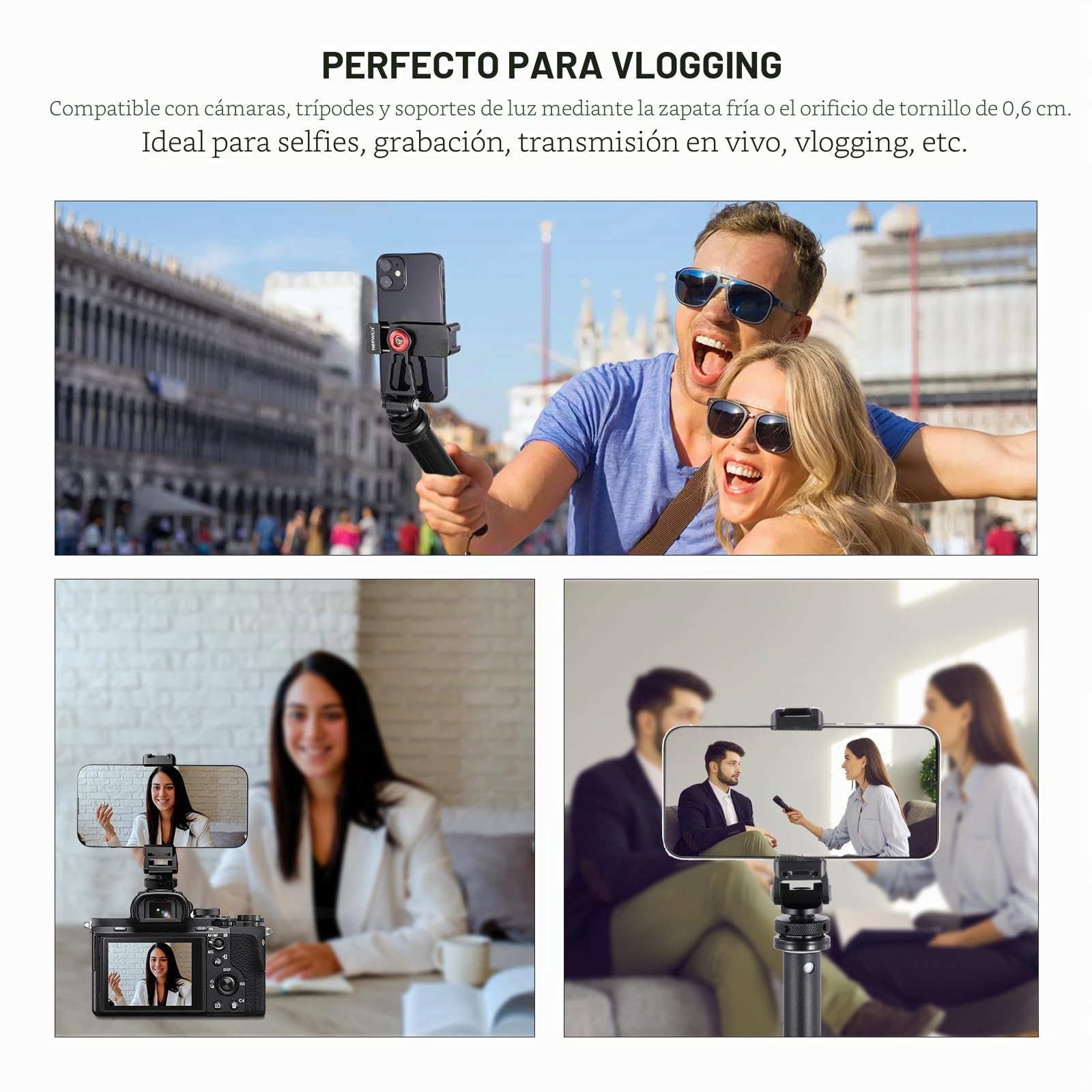 NEEWER Adaptador de Montaje de trípode de Metal para teléfono con Base de Zapata fría, Soporte de teléfono de 360° con 2 Soportes de Zapata fría para luz de Video y micrófono para vlogging, Universal