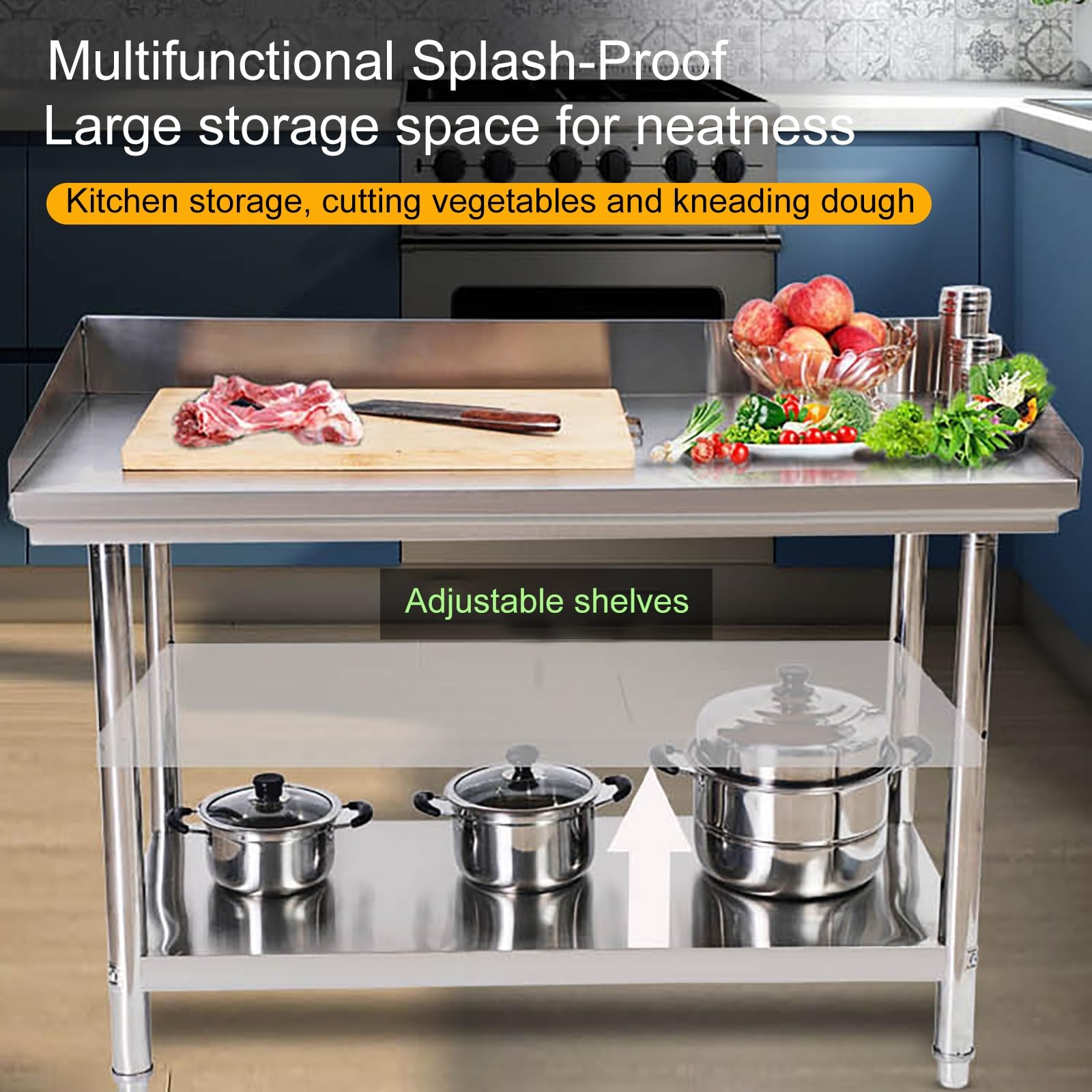 Mesa de preparación de cocina de acero inoxidable con 2 estantes, mesa de trabajo comercial resistente para restaurante, bar, hotel, estación de preparación de alimentos de metal