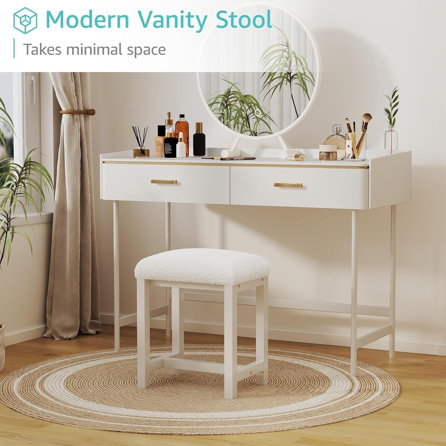 Small Vanity Stool, Cute Vanity Stools with Faux Teddy Fur Cushion, White Makeup Vanity Chair for Small Spaces, Living Room, Bedroom, Bathroom, Entryway, Ottoman Foot Rest for Couch Sillas Modern