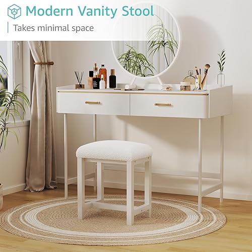 Miniatura 3 de Taburete de tocador pequeño, bonitos taburetes de tocador con cojín de piel sintética, silla de maquillaje blanca para espacios pequeños, sala de