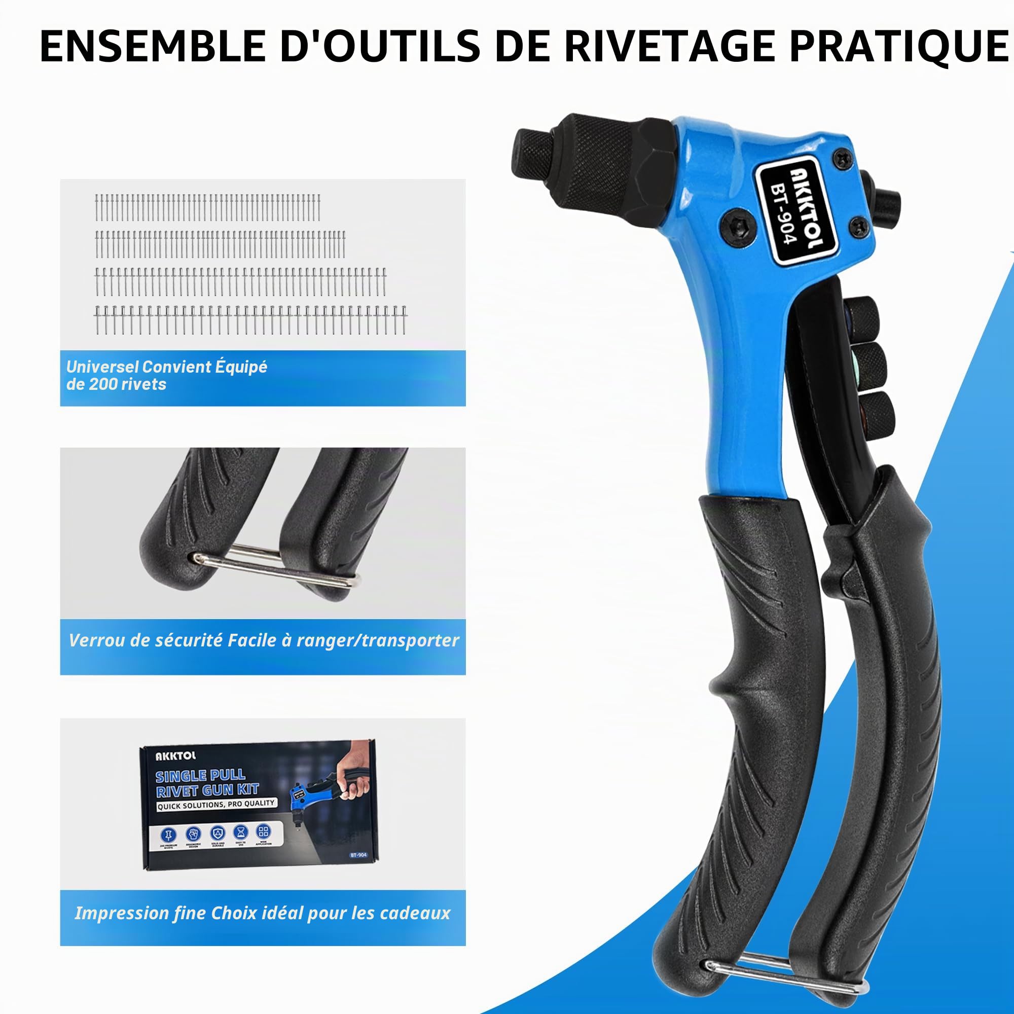 AKKTOL Pince a Rivet, Riveteuse Professionnelle, Pince a Rivet Pop avec 200 Rivets pour 4 Types 4,8mm 4,0mm 3,2mm 2,4mm, Pince à riveter Manuelle pour Automobile, Chemin de Fer, Meubles, Jardinage etc