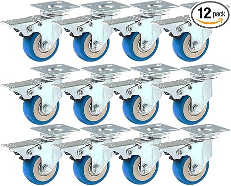 12 Pack With Brake Caster Wheels Swivel Plate Casters On Blue Polyurethane Wheels PU