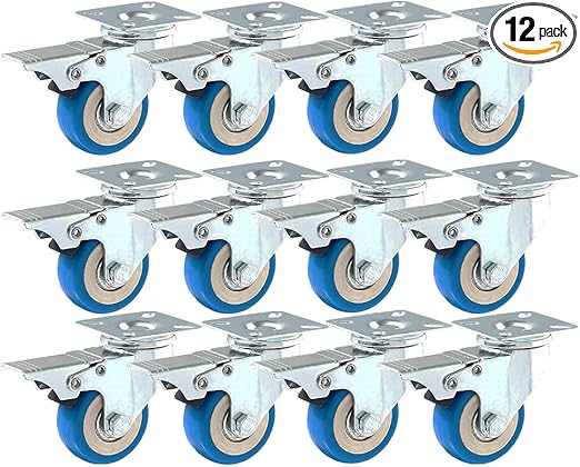 12 Pack With Brake Caster Wheels Swivel Plate Casters On Blue Polyurethane Wheels PU