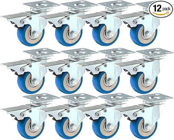 12 Pack With Brake Caster Wheels Swivel Plate Casters On Blue Polyurethane Wheels PU