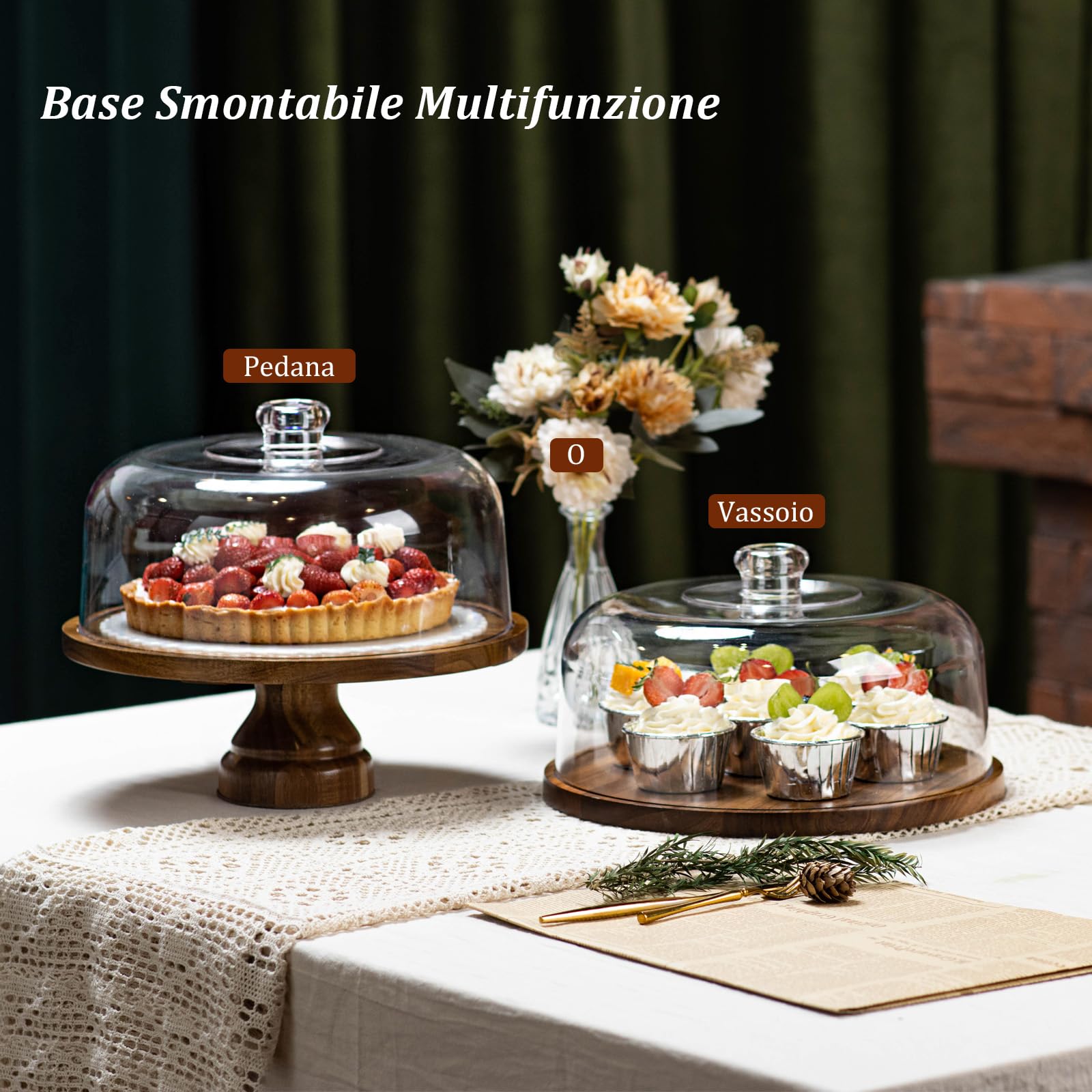 ANBOXIT Alzata Torta con Coperchio, Alzatina per Dolci in Legno di Acacia, Alzata per Dolci in Plastica, Espositore per torte con Cupola in Acrilico, Alzata per Torta Decorativa in Legno (Piedi)
