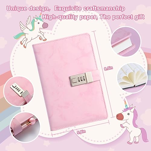 Miniatura 6 de Diario con cerradura de regalo para niñas de 8 a 12 años, de piel sintética de mármol, 300 páginas, diario para escribir, cuaderno de dibujo con