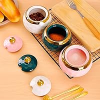 Vista 7 de WHJY Azucarero de cerámica con tapa y cuchara, tazón de sal de porcelana con diseño de golf, contenedor de sal, caja de especias moderna, frasco