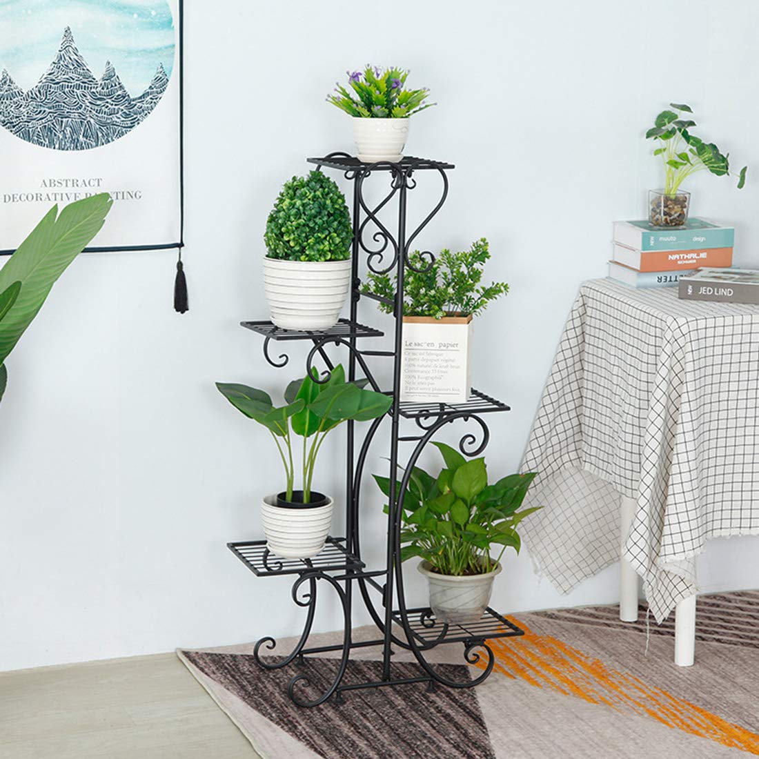 soporte para plantasEscaleras de flores Soporte de flores de metal con 5 estantes Escaleras de plantas para interior Balcón Sala de estar Decoración de jardín al aire libre 50 x 25 x 106 cm (Negro)