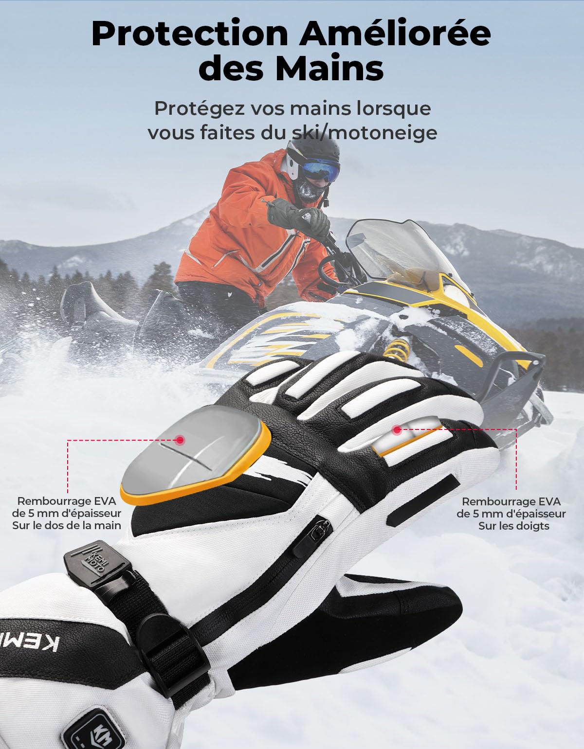 KEMIMOTO Gant Chauffant Moto, Gants Chauffants Hiver Coussin EVA, Écran Tactile et Résistants à l'usure, Thermiques Électriques la Moto, Le Ski, Le Scooter