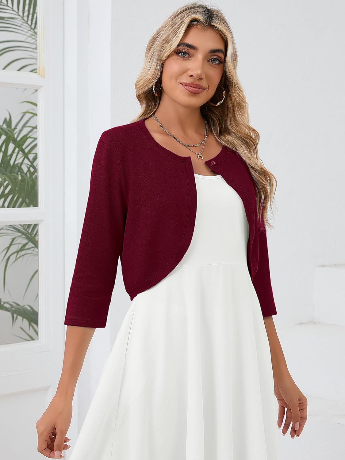 Heymoments Women's 3/4 Sleeve Casual Shrugs Lightweight Open Front Cropped Cardigan for Dresses - Image 3