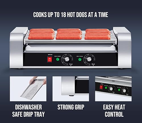 Miniatura 11 de SYBO Rodillo para perros calientes – 18 de capacidad, rodillos de acero inoxidable antiadherentes, cubierta de vidrio desmontable, 1000 vatios
