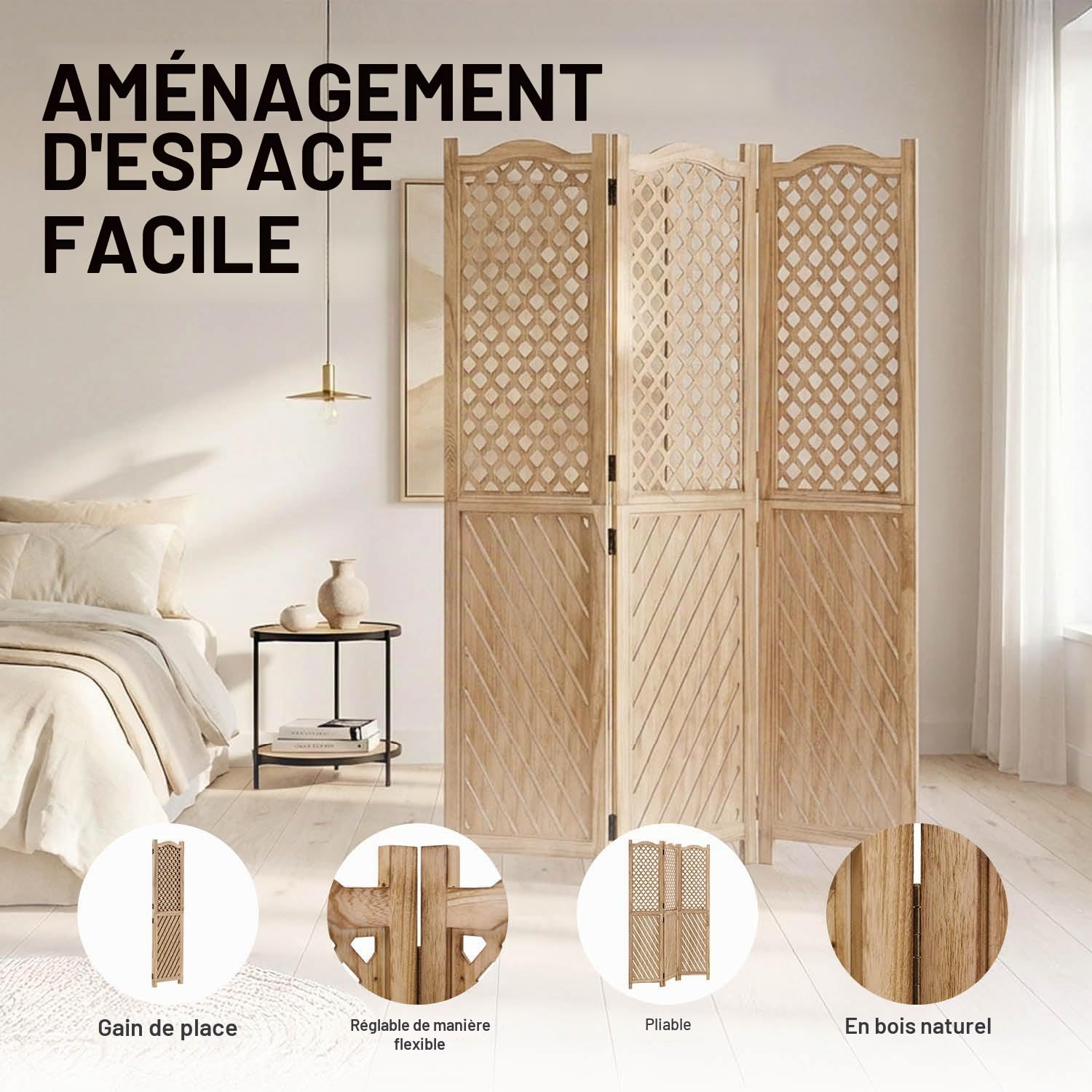 Homestyle4u 2014 Paravent 3 panneaux en bois naturel, protection visuelle espagnole