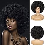 JSDshine Soft Afro Wig 70s For Women Kinky Curly Hair Wigs With Bangs Natural Looking Short Curly Wig For Men Bouncy Black Puff Synthetic Hair Wig For Daily Party Use