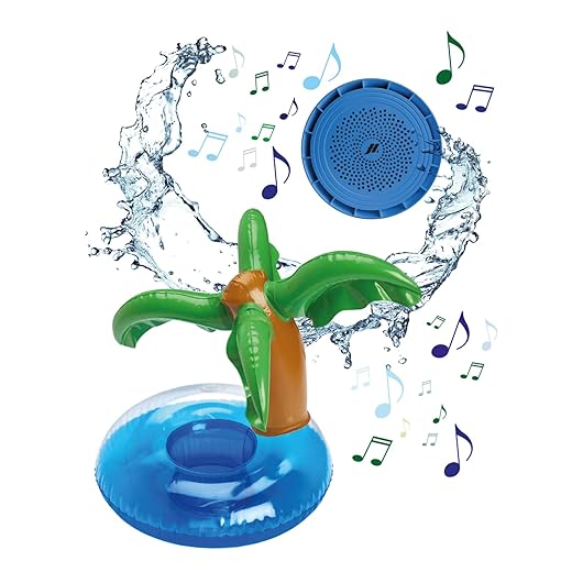 SBS Wasserdichter kabelloser Lautsprecher, 3 W Audio-Lautsprecher mit aufblasbarem Insel mit Palmen, Lautsprecher für Pool, Badewanne, Party, Mini-Pumpe und Ladekabel, Blau, Unica, Floating Speaker