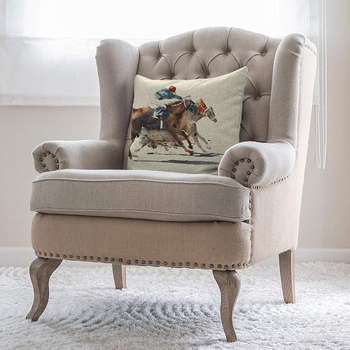 Miniatura 4 de Funda de cojín acogedora para competición de carreras de caballos con jinetes creativos, pintura de acuarela, funda de almohada decorativa de lino