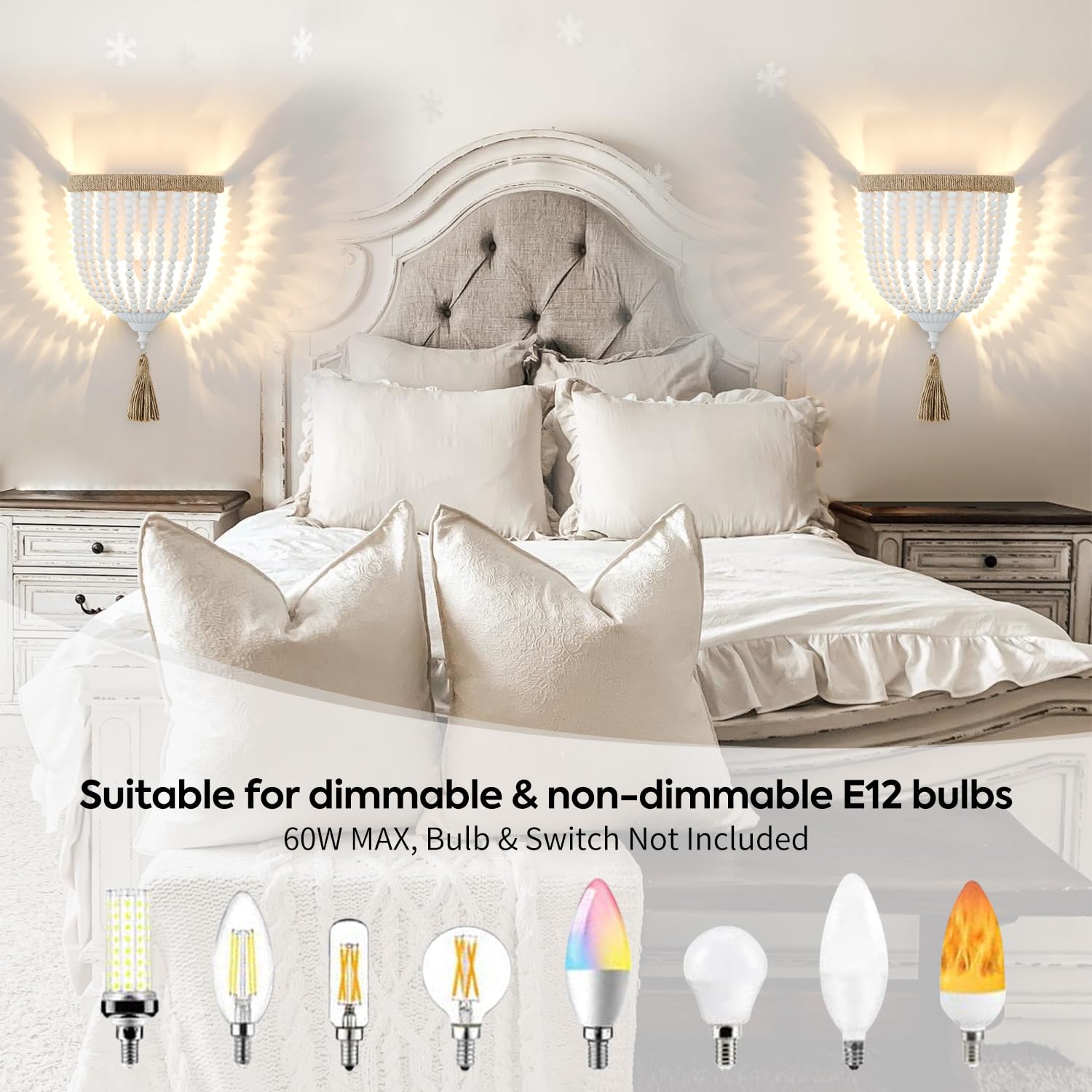 Akku Wandlampe 2 Stück RGB Wandleuchte ohne Stromanschluss Dimmbar Nachttischlampe mit Fernbedienung Boho Vintage Lampe aus Holzperlen Nachttischlampe für Wohnzimmer Schlafzimmer Flur