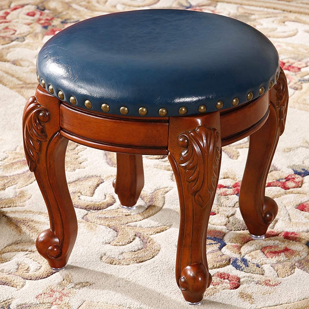 Petit repose-pieds ottoman en cuir rond bleu pour soulager les jambes