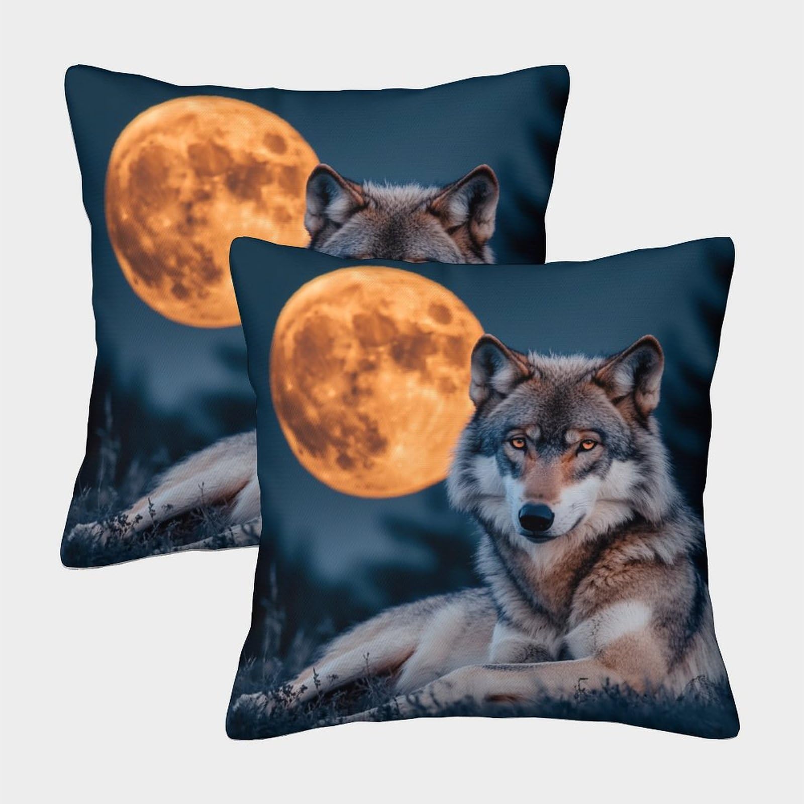 Kaiyun Style-3 2 Pack Wolf Luxury Digital Printed Soft 3D Orange Full Moon Themed Square Cushion Cover 45X45cm