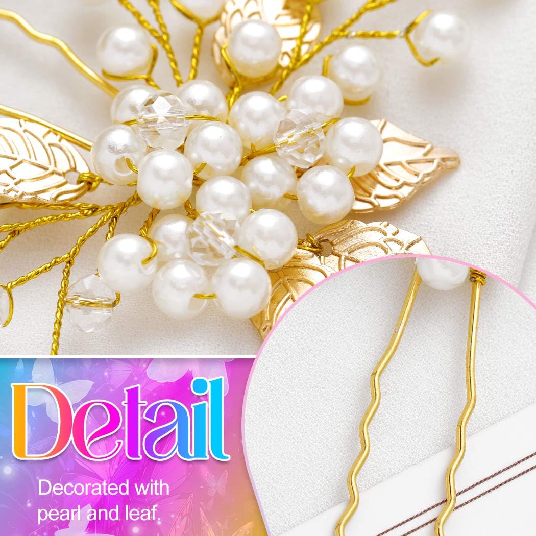 Heread Pearl Bride Wedding Hair Pins Leaf Bridal Head Piece Flower Hair Accessories for Women and Girls (Pack of 3) (Gold) - Image 4