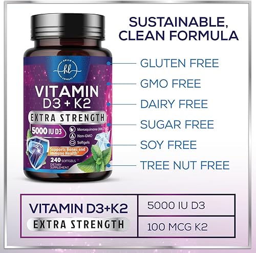 Miniatura 6 de Vitamina D3 K2  Vitamina D3 (5000 iu) y 100 mcg de vitamina K2 (MK-7) Complejo para apoyo inmunológico y salud ósea, dientes y muscular, fácil de